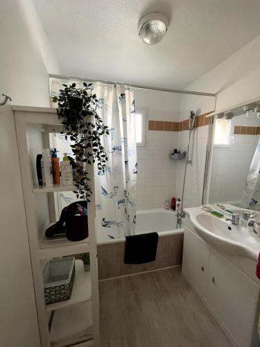 une salle de bain avec une douche, un lavabo et une baignoire dans l'établissement T3 4 à 5 pers 4km Honfleur piscine, à Équemauville