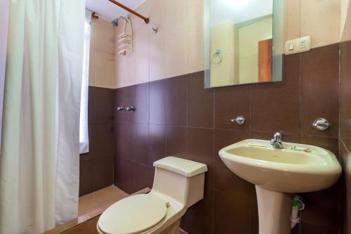 巴尼奧斯的住宿－Hotel Elvita Spa，一间带卫生间和水槽的浴室