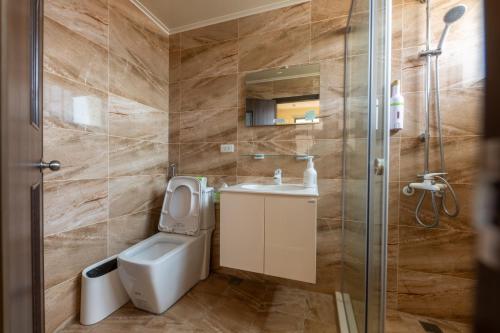 een badkamer met een toilet, een wastafel en een douche bij GOLD HOME in Magong