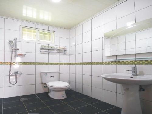 a white bathroom with a toilet and a sink at Double Lake B&B in Zhushan