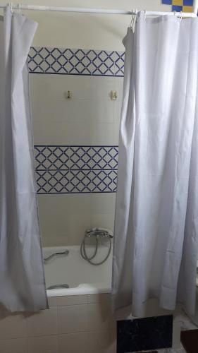 a bathroom with a bath tub with a shower curtain at Appartement Lac1 in Berges Du Lac