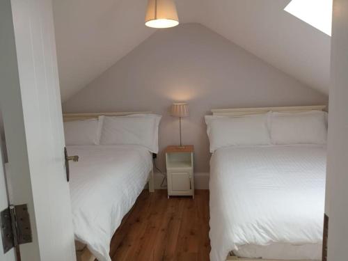 a bedroom with two beds and a lamp on a wooden floor at St Johns old Schoolhouse in Lecarrow