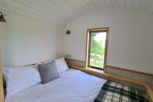 a bed in a room with a window at Shepherd's View in Ross on Wye