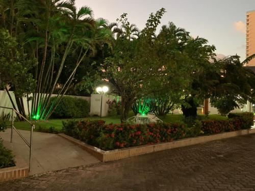 a park with flowers and trees and green lights at Maravilhoso apartamento 2 quartos com ofurô Porto da Barra Salvador Summer Barra Flat in Salvador