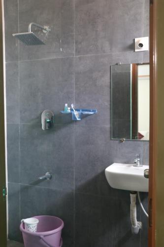 a bathroom with a shower with a sink and a mirror at ROYAL RIDGE HOME STAYS in Tirupati