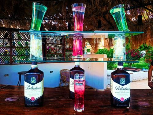 Badawia Sharm Resort في شرم الشيخ: زجاجتان من النبيذ تقعان على طاولة