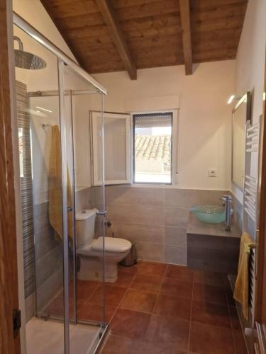 a bathroom with a toilet and a glass shower at Casa Las Tejeras in Casavieja