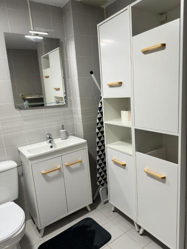 a bathroom with a toilet and a sink and a mirror at comfortable apartment in an elite area with a beautiful veranda in Port Saplaya
