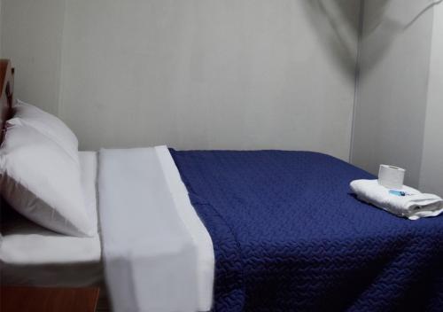 a bedroom with a bed with a blue blanket and a towel at Hallpa Ica in Ica