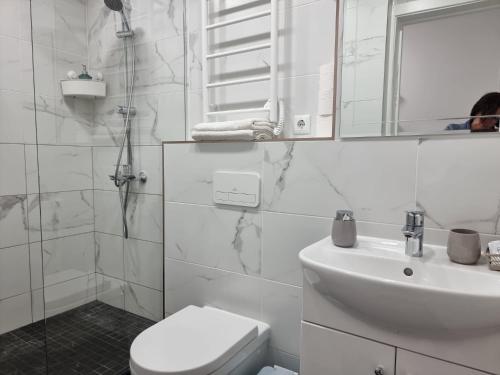 a white bathroom with a toilet and a sink at City Inn Riga Apartment, new renovated in Quiet center with balcony with parking in Rīga