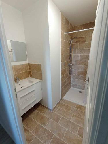 une salle de bain avec douche et lavabo dans l'établissement Gîte à la campagne, à Puyméras