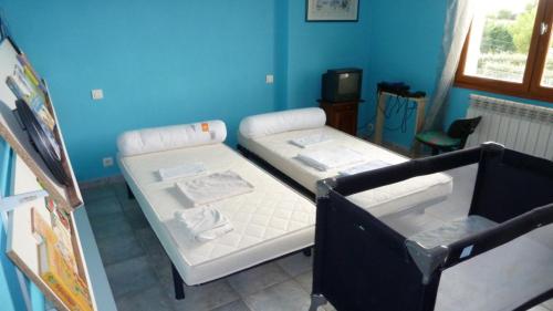 2 Betten in einem Zimmer mit blauen Wänden in der Unterkunft VILLA POUR 21 PERSONNES 400 M2 PISCINE SALLE DE SPORT PROCHE DES PLAGES. HÉRAULT in Coulobres