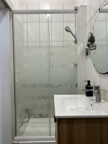 La salle de bains est pourvue d'une douche et d'un lavabo. dans l'établissement Studio villeurbanne, à Villeurbanne