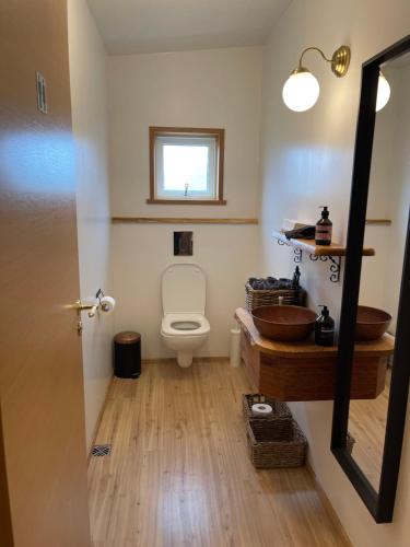 a bathroom with a toilet and a sink at Helja Stay Glamping Domes in Hella
