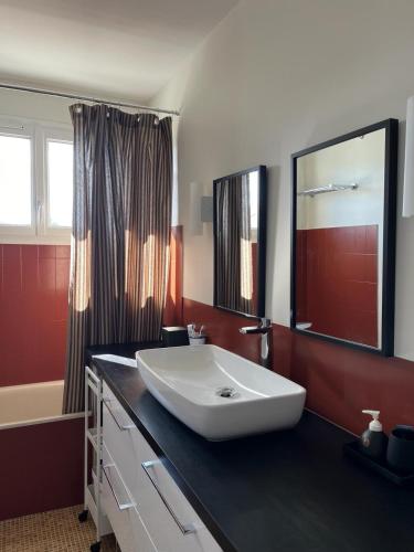 a bathroom with a white sink and a mirror at Champs de mars Appartement 1 chambre proche centre ville, balcon et parking in La Rochelle