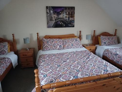 1 dormitorio con 2 camas y una foto en la pared en Cloonboo Lodge on Wild Atlantic Way Sleeps 12, en Galway