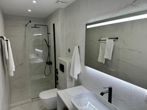 uma casa de banho com um chuveiro, um lavatório e um WC. em Central Suites Aegina 3 em Egina