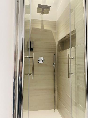 a shower with a glass door in a bathroom at Luxury Loft 35 in Cagliari