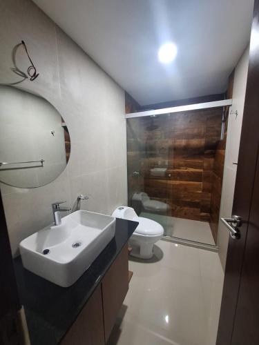 ein Bad mit einem Waschbecken, einem WC und einer Dusche in der Unterkunft Depar land tower in Tarija