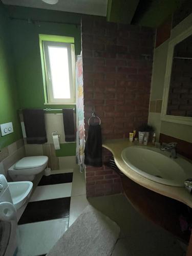 La salle de bains est pourvue d'un lavabo et de toilettes. dans l'établissement Casa Cinque Colori, à Rodi