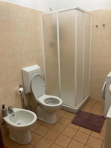 a bathroom with a shower and a toilet and a sink at Appartamento Ville sur Nus in Quart
