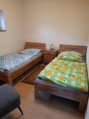 - une chambre avec 2 lits jumeaux et une chaise dans l'établissement Haus am Südhang, à Bad Gottleuba-Berggießhübel