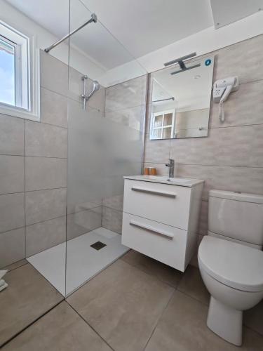 a bathroom with a toilet and a glass shower at L'auberge Camarguaise in Saintes-Maries-de-la-Mer