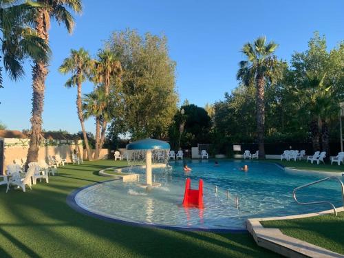 una piscina con una fuente y palmeras en Mobil-home bord de mer, en Vendres