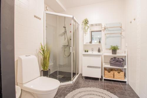a white bathroom with a toilet and a shower at Old Town Deluxe Apartment in Tartu