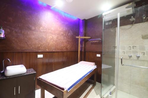 a bathroom with a shower and a bench in it at HOTEL GEESON INTERNATIONAL-New Delhi Railway Station-Paharganj in New Delhi