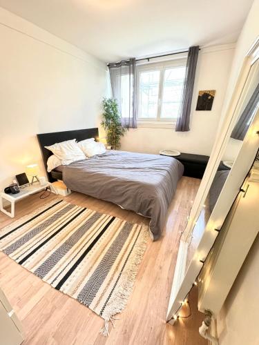 une chambre avec un lit et un tapis dans l'établissement Duplex cosy 53m2 pour les JO, à Viroflay