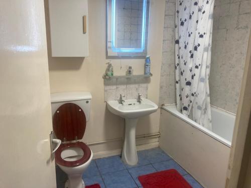 a small bathroom with a toilet and a sink at Eynsford down in London