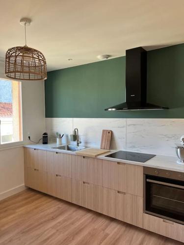 une cuisine avec un évier et un plan de travail dans l'établissement Appartement de charme rénové avec garage, à Libourne