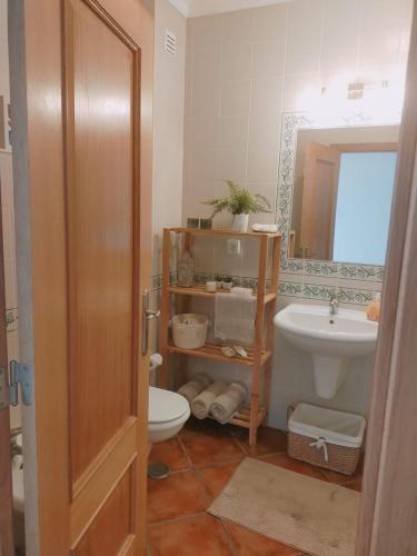 uma casa de banho com um lavatório, um WC e um espelho. em Holidays in Albufeira - Algarve em Albufeira