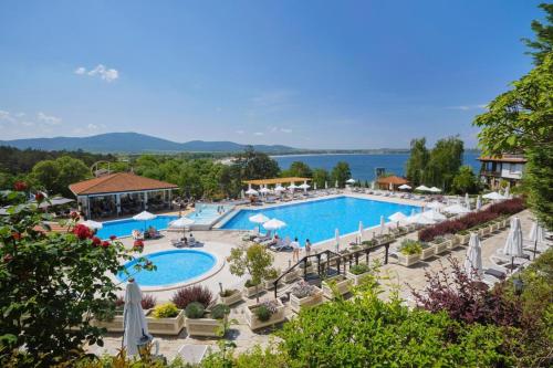 a view of the pool at a resort at Sozopol Santa Marina Sea View Studio in Sozopol