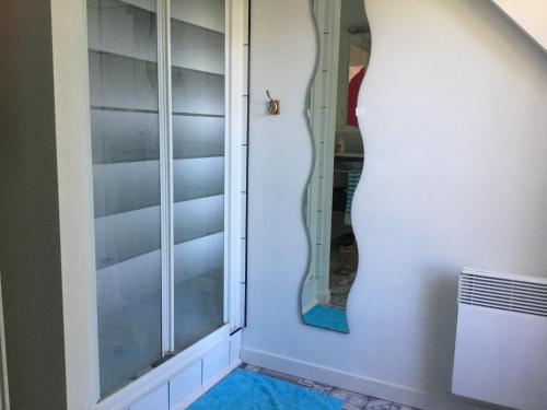 una puerta de ducha de cristal en un baño con espejo en Maison Hoëdic en La Trinité-sur-Mer