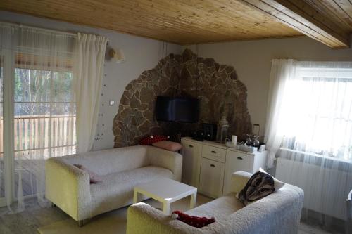 a living room with two couches and a tv at Uroczy Dom Całroczny W Bogaczewie Nad Jeziorem Narie in Bogaczewo