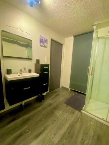 une salle de bain avec un lavabo et un miroir dans l'établissement Maison Allemond pour Alpe d'Huez, à Oz