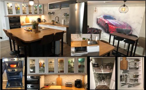 a collage of pictures of a kitchen with a car at Stylisches Maybach Appartement mit Terrasse für 5 Personen, 5 Betten, große Kochinsel, Homeoffice mit 250Mbit WLAN in Aidlingen