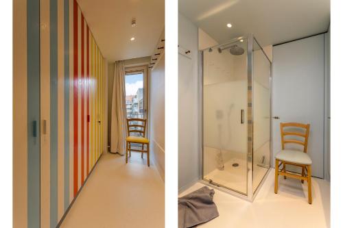 two images of a bathroom with a shower and a chair at Tantor Nostalgie in Nieuwpoort