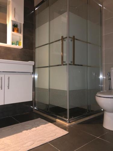 a bathroom with a glass shower with a toilet at Classy Hostel in Madaba