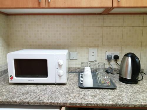 a white microwave sitting on a kitchen counter at Pharaohs Inn MOE Hostel in Dubai