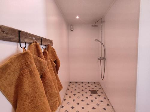 a bathroom with brown towels hanging on a rack at Norwegian house Maria Stua in Mefjordvær