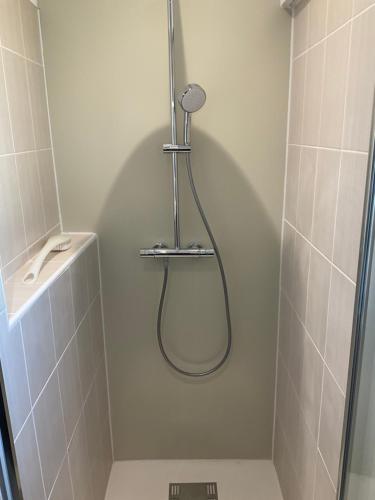 une douche avec pommeau de douche dans une salle de bain dans l'établissement Maison 3 ch avec accès piscine chauffée couverte, à Rivedoux-Plage