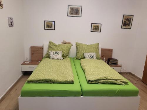 two beds in a room with green sheets and pillows at Appartement Purzel in Mauerbach