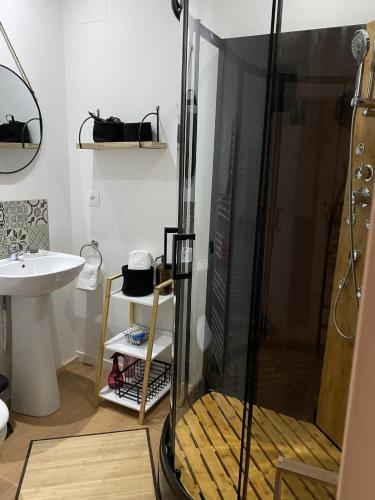 une salle de bain avec douche et lavabo dans l'établissement L Ecume, à Saint-Valery-en-Caux