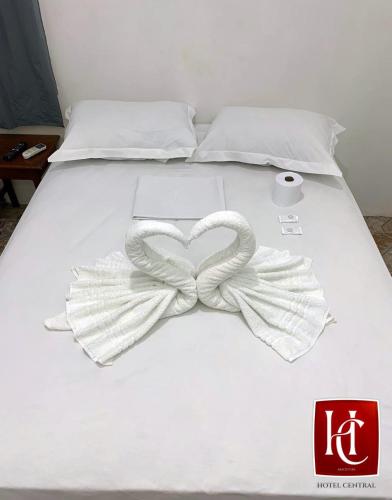 ein Bett mit zwei Schwänen in Herzform in der Unterkunft Hotel Central Abaetetuba in Abaetetuba