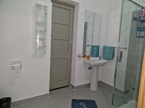 ein Badezimmer mit einem Waschbecken und einer Dusche mit einer Glastür in der Unterkunft Milner Flats in Sliema