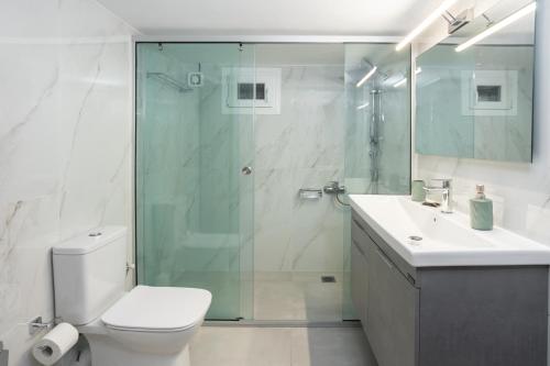 a bathroom with a shower and a toilet and a sink at S&V Luxury Apartment in Sfakaki