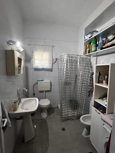 a bathroom with a sink and a toilet and a shower at Anna's House in Kokkino Nero